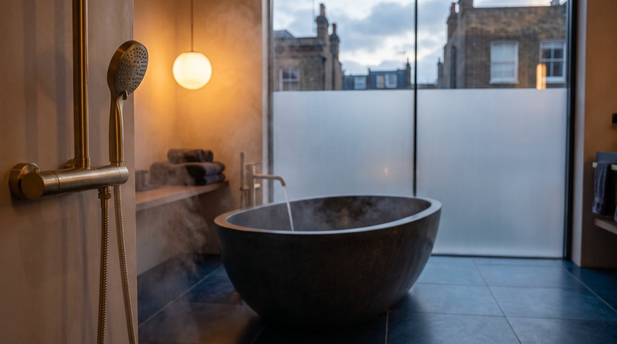 A modern bathroom with a brass shower