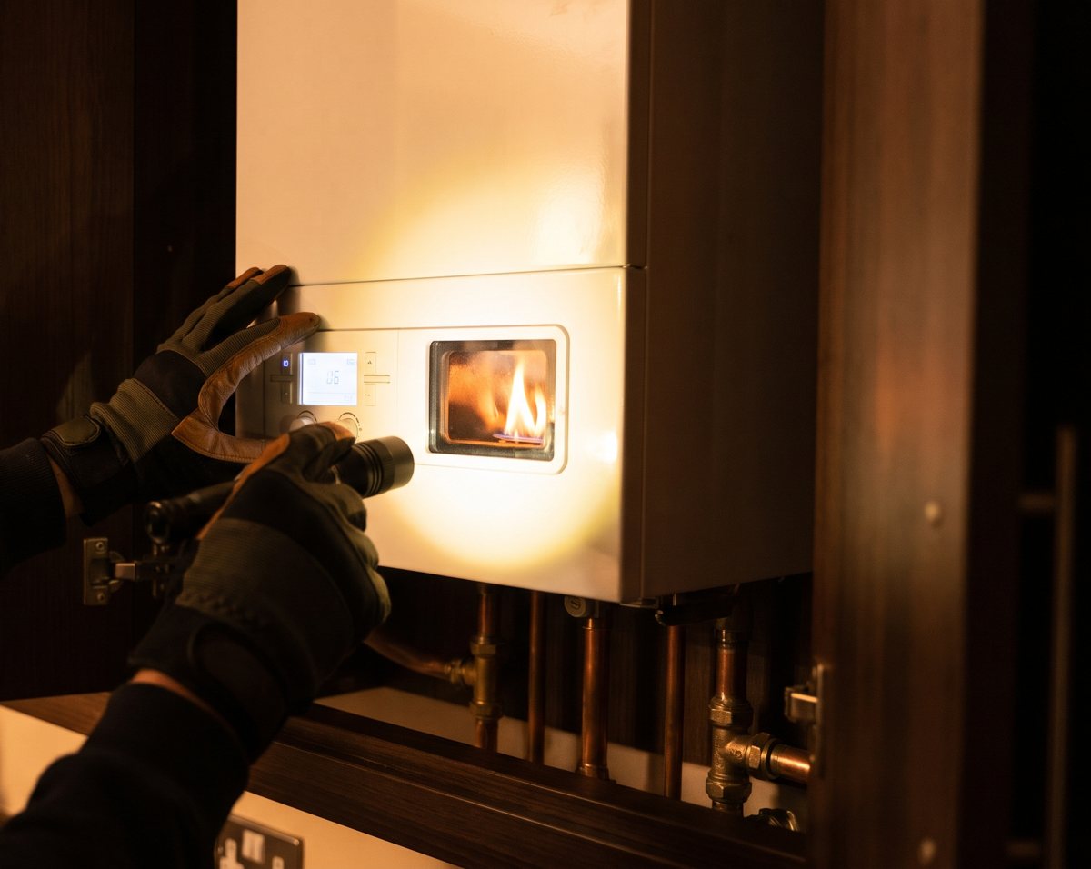 A boiler glowing in a kitchen at night