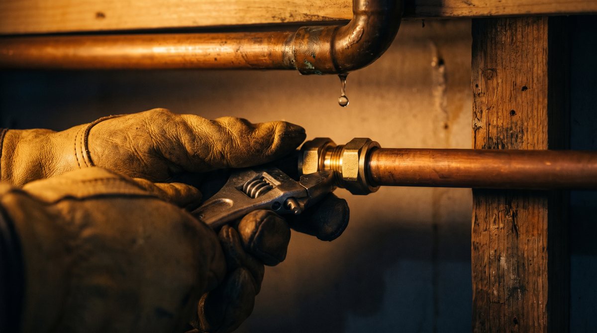 A pipe fitting being tightened to stop a leak