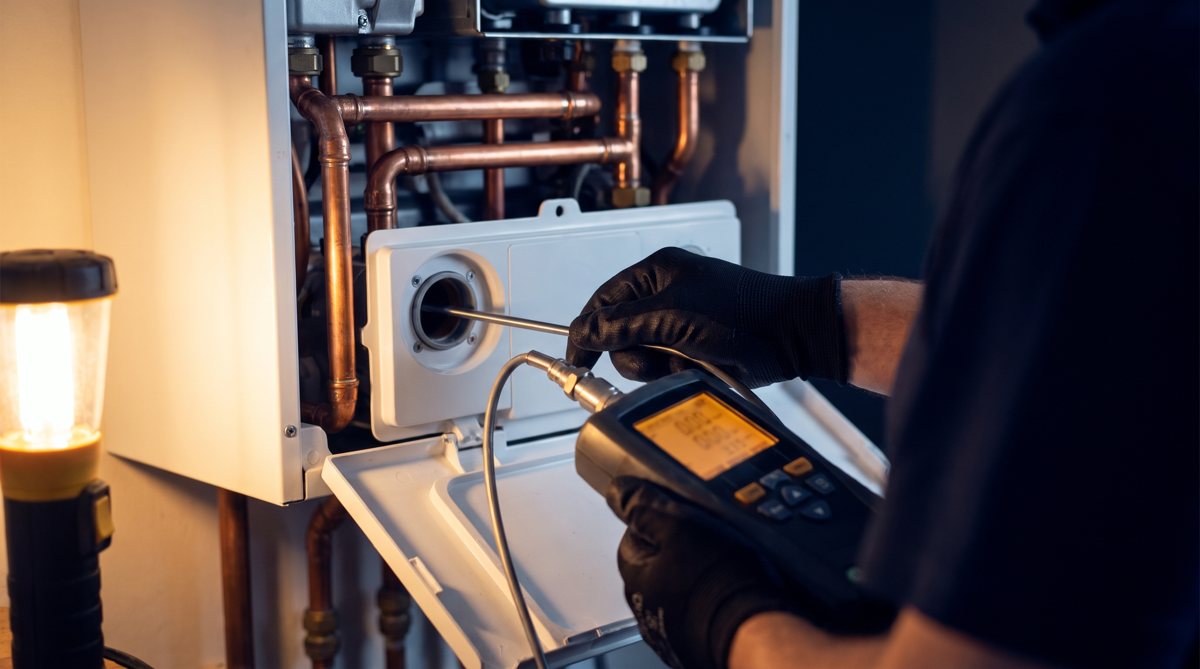 An engineer checking a boiler with a flue gas analyser